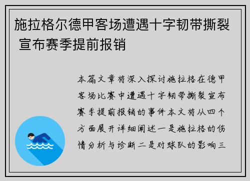 施拉格尔德甲客场遭遇十字韧带撕裂 宣布赛季提前报销